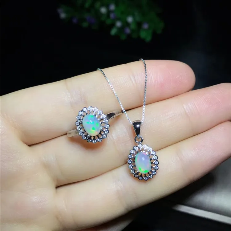 Кольцо с кабошоном и кулон 100% натуральный Эфиопский огненный опал WELO 1 комплект 5*7