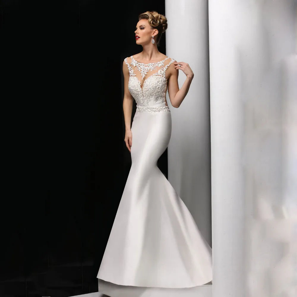 Elegant Mermaid Bridal Dresses Sleeveless See Through Scoop Neckline Wedding Lace Appliques casamento vestido longo | Свадьбы и