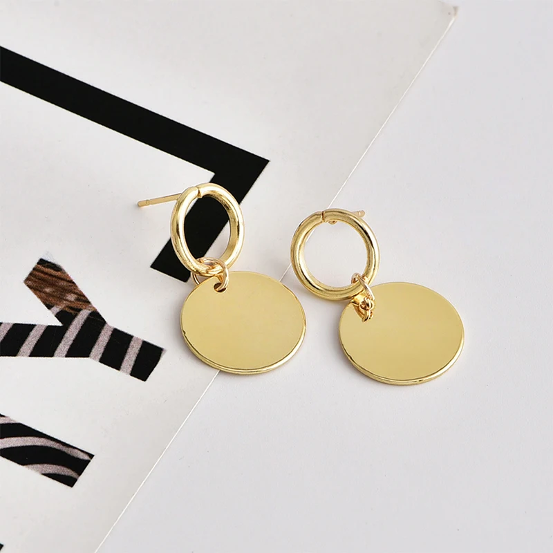 European Simple Round Drop Earrings Fashion Glitter Gold Color Wafer Pendant For Women Charm Ear Jewelry | Украшения и аксессуары