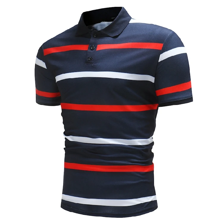 Mens Polo Shirt Male Short Sleeve Casual Slim Striped Polos shirts Summer Beach Cotton Holiday Printed Tees Tops White Blue | Мужская