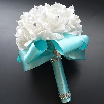 Tiffany blue Ручной работы красоты Королевский синий свадебный цветок Свадебный букет Искусственный цветок «Роза» лента хрустальные букеты de noiva - Цвет: Tiffany blue