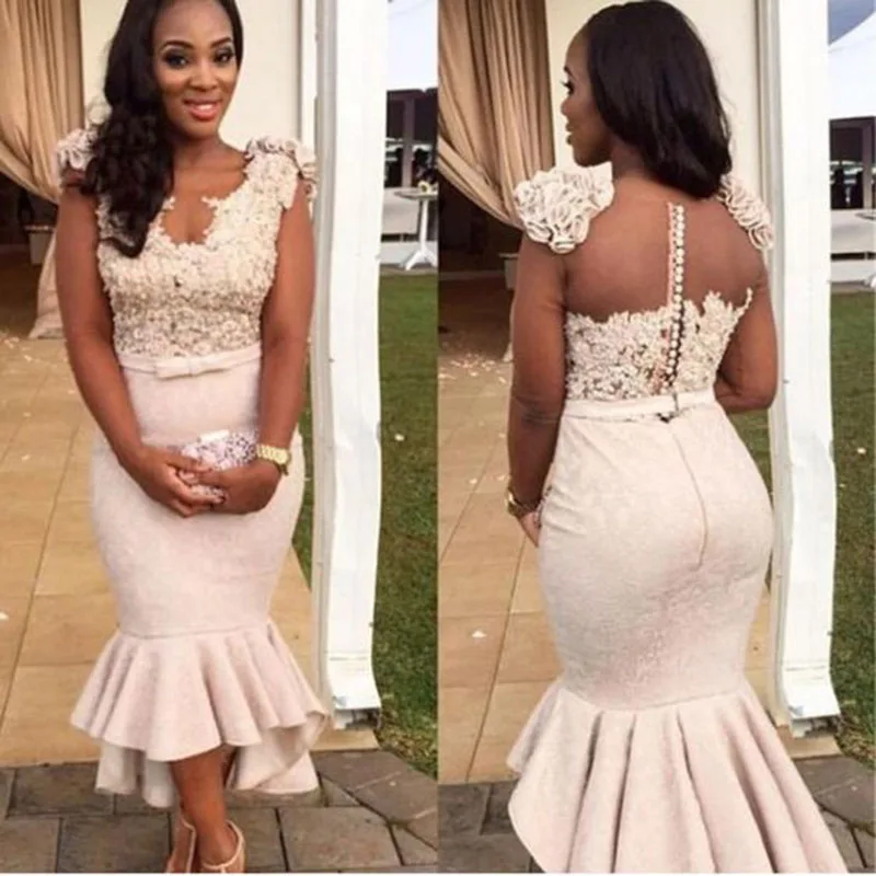 

Sexy High Low Mermaid Bridesmaid Dresses New Sleeveless Lace Applique Black Girl Flowers Short Formal Wedding Party Gowns