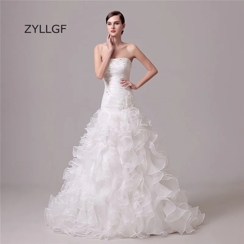 ZYLLGF Ruffles Organza Mermaid Wedding Dress Strapless Bridal Dresses Lace Up Back Vestido De Noiva 2017 With Beadings ZL9 | Свадьбы и