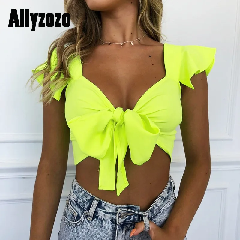Женский укороченный топ Allyzozo на шнуровке с бантом груди и оборками для ночного
