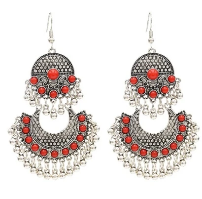 Турецкий этнический бисерный висячий Jhumka, индийские большие серьги, колье, ожерелье для женщин, воротник, Египетский, цыганский, Африканский, племенной комплект ювелирных изделий - Окраска металла: red black earrings