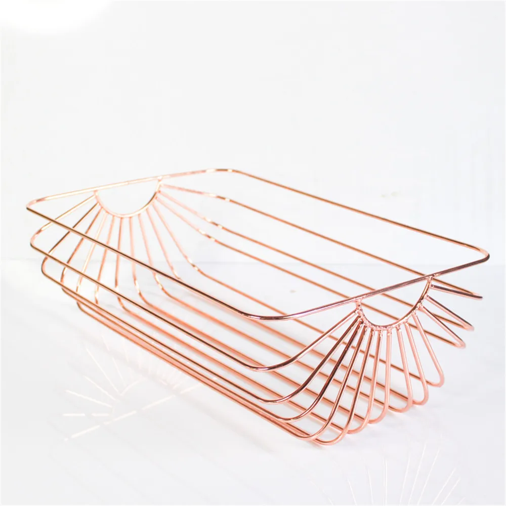 Chic Nordic Metal Table Storage Basket Graceful Scandinavian Rectangle Rose Gold Desk Fruit Organizer Home Decor | Дом и сад