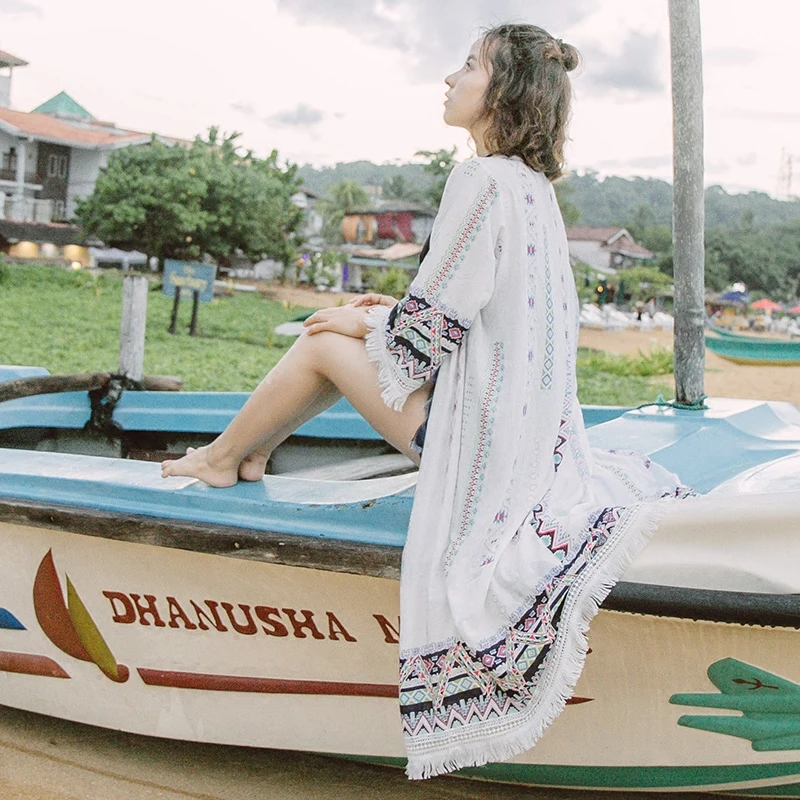 Богемный стиль летний P длинный кардиган кимоно Топы повседневные Boho Хиппи вышивка кисточкой женские рубашки женские топы