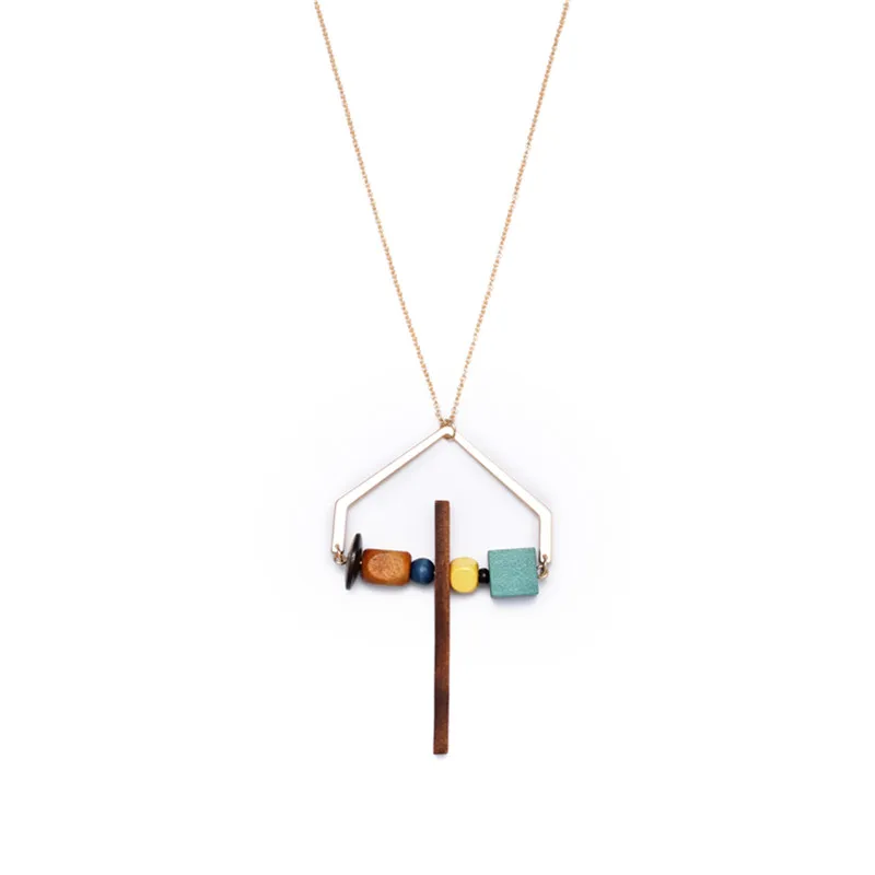 new free shipping fashion ladies jewelry Geometric figure multi - element with wood pendant metal girl necklace design Trend | Украшения и