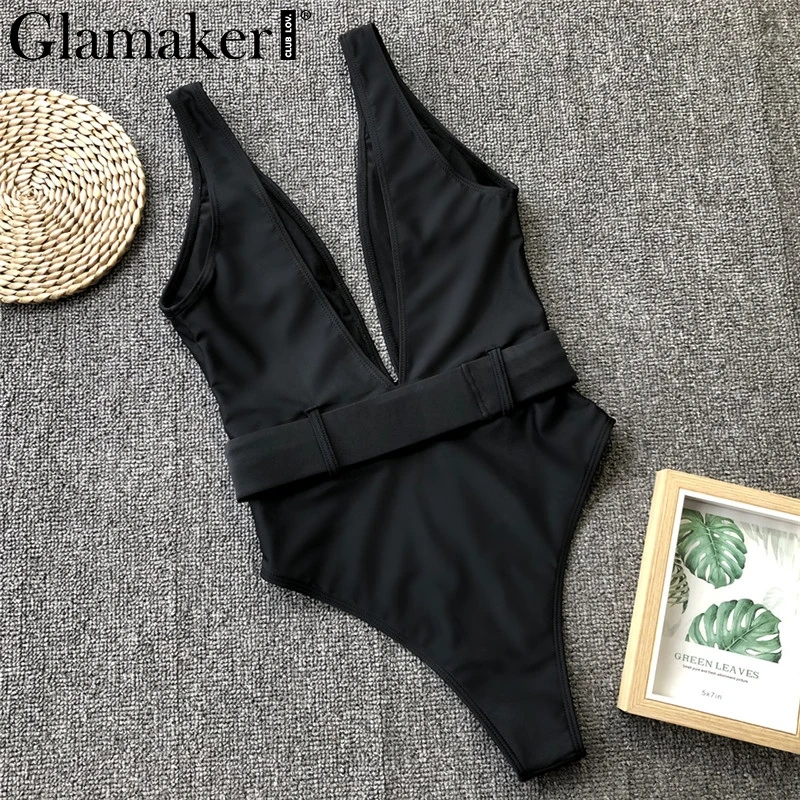 Glamaker Лето Цельный боди Леопардовый женский Глубокий v-образный вырез черный сексуальный боди Женский пояс облегающий купальник боди