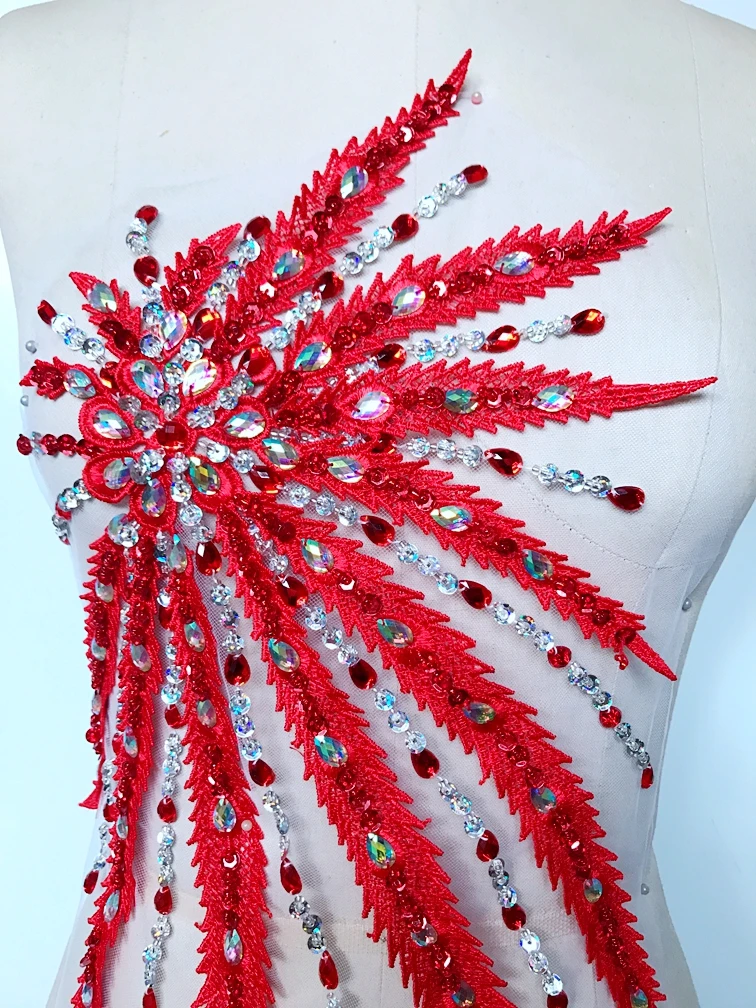 Handmade rhinestones lace applique red/clear AB colour crystal patches trim 57*32cm for DIY dress clothes accessory | Дом и сад
