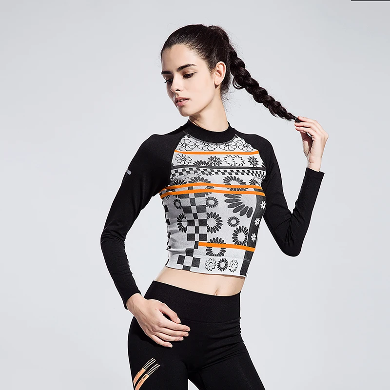 Стенд воротник с Flore Для женщин Йога рубашка длинными рукавами пикантные Фитнес