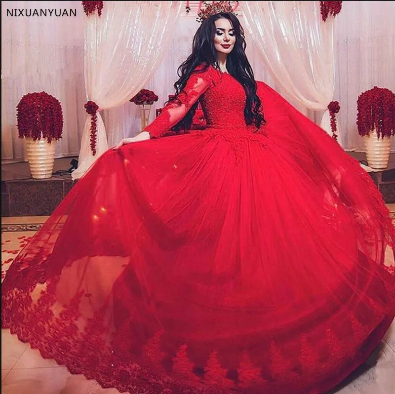 

Vestido De Novia 2023 Ball Gown Red Lace Long Sleeve Wedding Dresses Muslim Appliques Beaded Princess Bridal Wedding Gowns