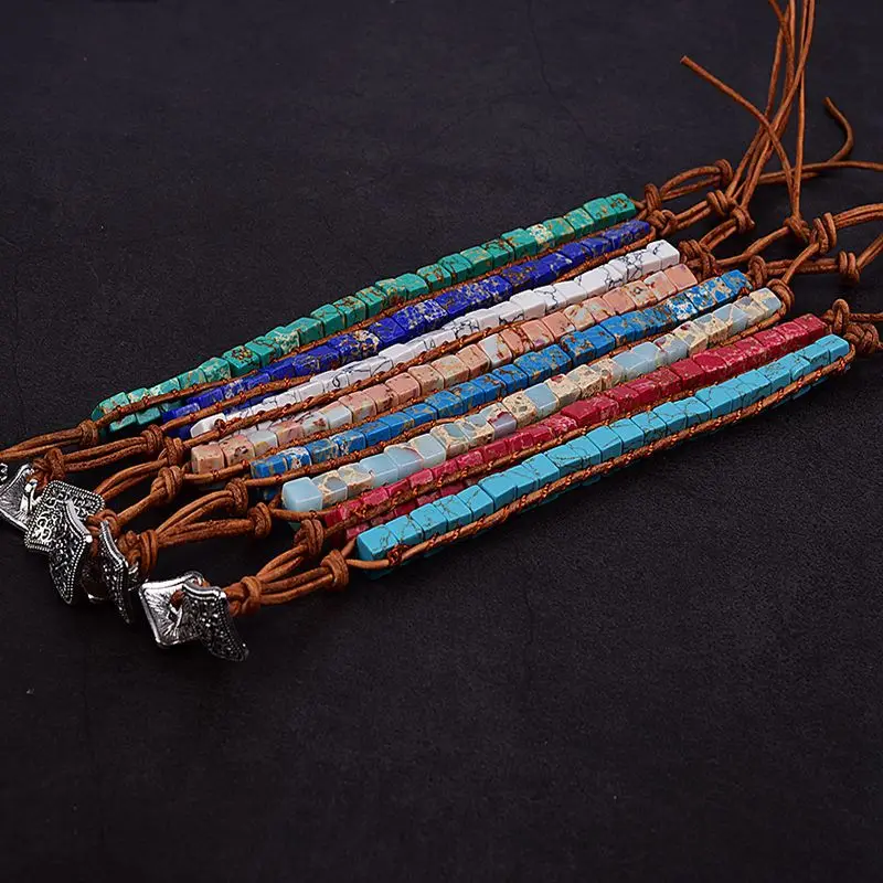 XJ Handmade Blue emperor stone Thread Tube Beads Leather Cowhide Rope Wrap Bracelets Jewelry Women Gift | Украшения и аксессуары