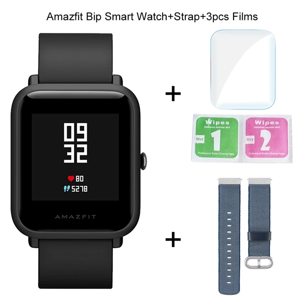 Add 1 Strap 3 Films Оригинальные Смарт-часы Xiaomi Amazfit Bip, фитнес-трекер, gps, умные часы, IP68, водонепроницаемые, 45 дней, срок службы батареи, пульсометр - Цвет: Add 1 Strap 3 Films