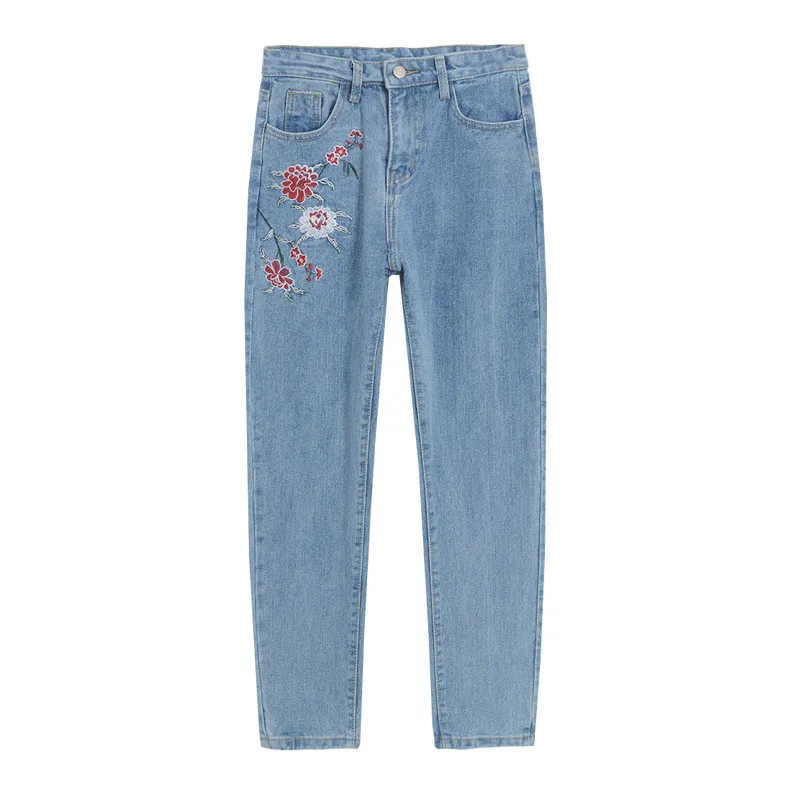 Light Blue MORUANCLE модные женские джинсы с цветочной вышивкой, брюки с высокой талией, джинсовые брюки с цветочной вышивкой для девушек, потертые синие - Цвет: Light Blue