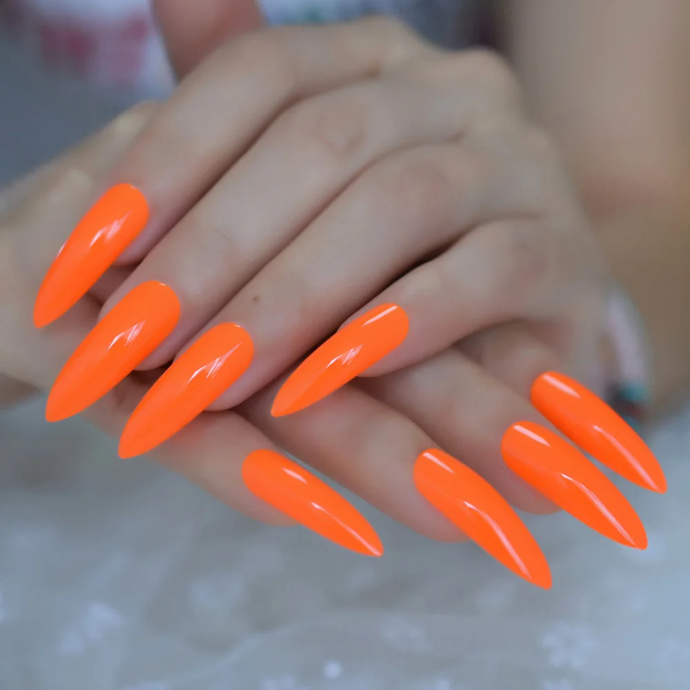 Удлиненные оранжевые накладные ногти-стилеты для ногтей морковь красный блестящий страстный пресс для ногтей УФ-гель для ногтей