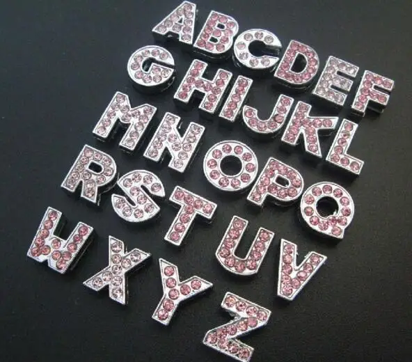 

260pcs/lot Internal Dia. 8mm A-Z pink rhinestones slide letter DIY Alphabet fit for 8MM leather wristband bracelet jewelrys