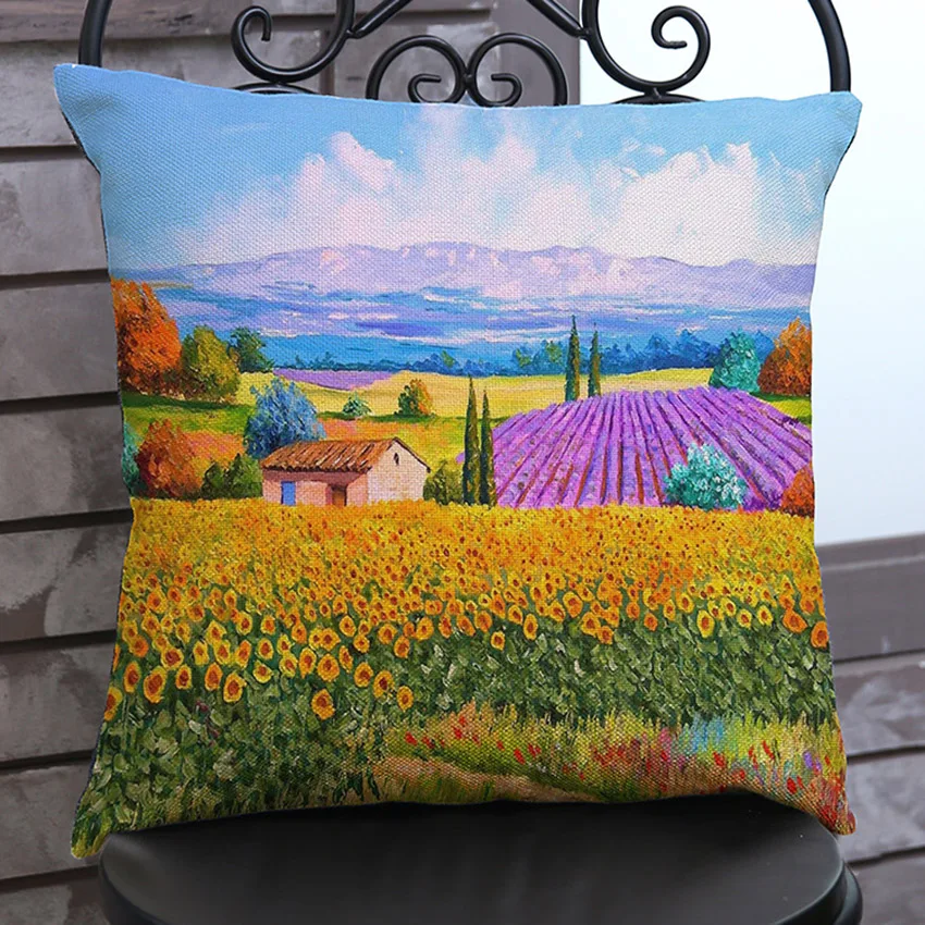 Provence Alpes Cote d'Azur Cushion Cover Oil Painting Lavander Flower Field Pillow Case Scenery Pastoral Pillow Cover Home Decor