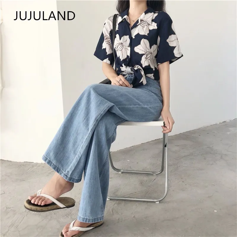 Женские джинсы с высокой талией JUJULAND голубые прямые стрейч новинка 2019|Прямые