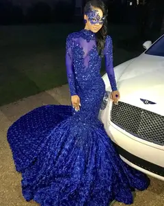 Real Pictures Royal Blue Mermaid Prom Dresses High Neck Long Sleeve Appliques Winter Formal Dress Evening Party Gowns Women