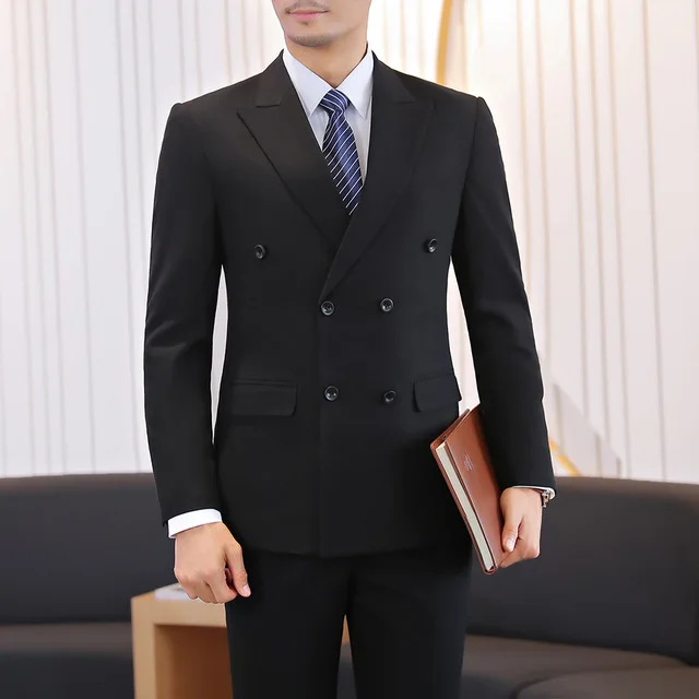 Мужской офисный костюм TPSAADE однотонный двубортный блейзер серого темно