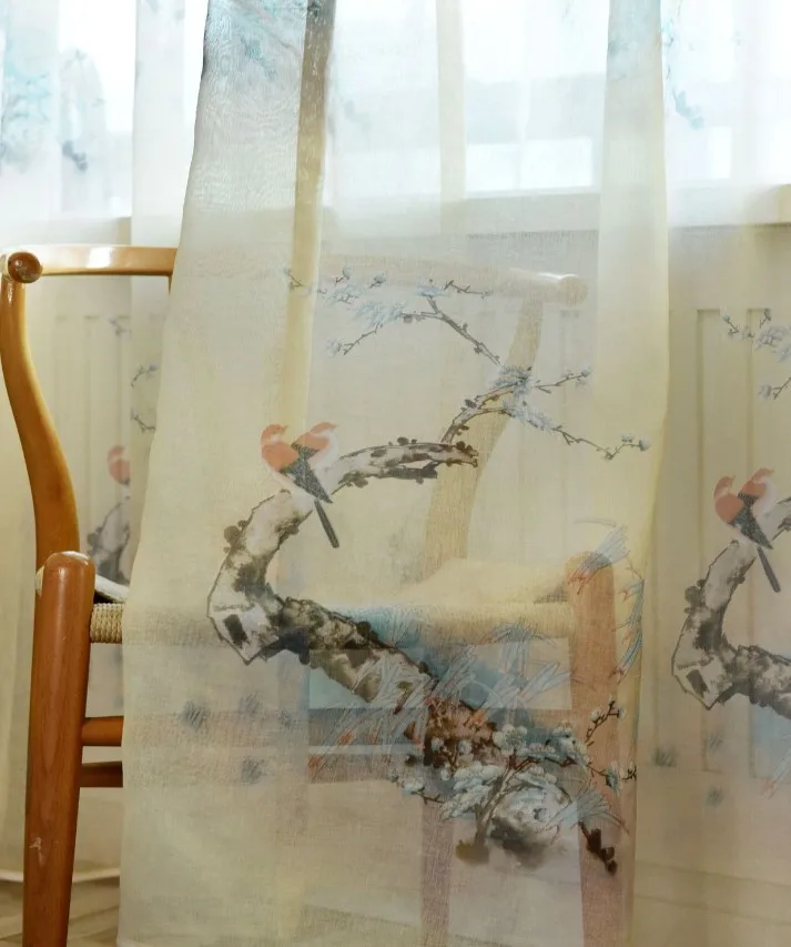 Tulle Китайские льняные шторы из хлопка с принтом птицы для спальни, гостиной, окна, тюль, для кухни, Новые товары - Цвет: Tulle
