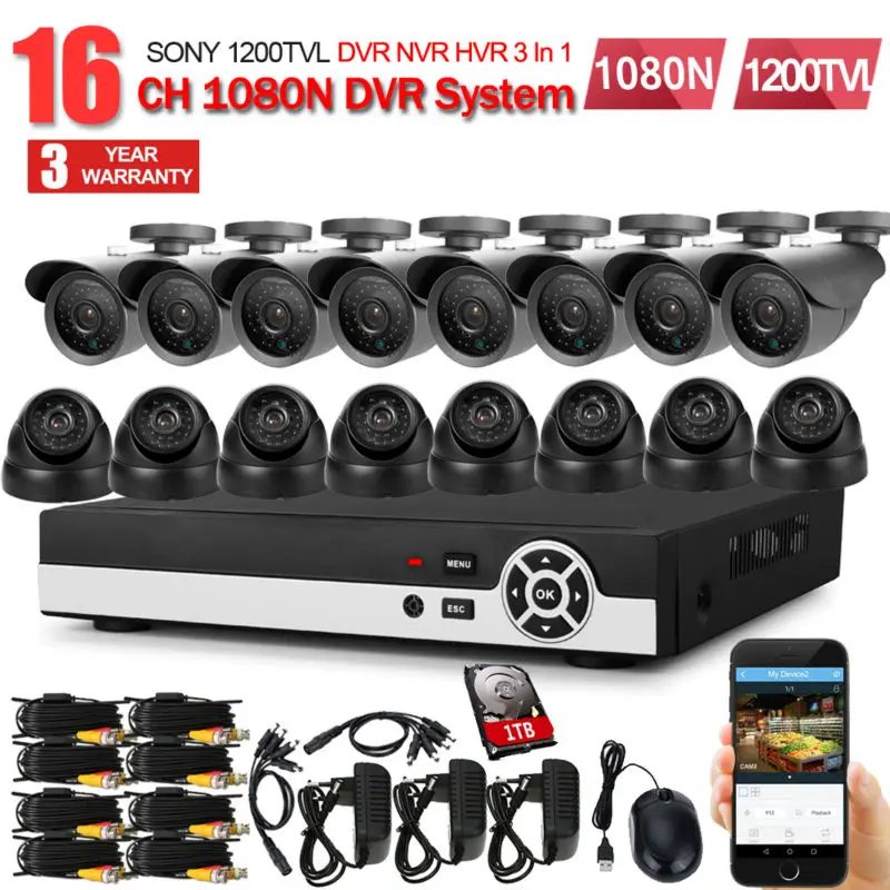 JORANKAHD CCTV System 16CH AHD 1080N DVR Kit HDMI 1080P SONY 1200TVL IR Cameras Security 16 channel NVR 1TB HDD | Безопасность и