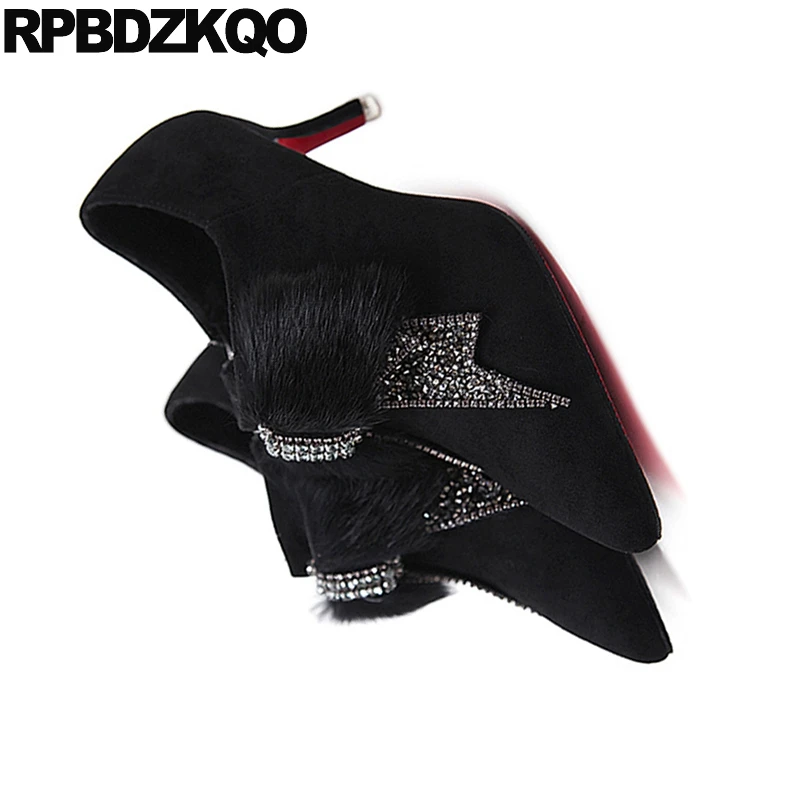 

Crystal Scarpin Sexy Women Shoes Rhinestones High Heels Diamond Ankle Boots Ladies Sweet Pumps Fur Special Pointed Toe Suede Bow