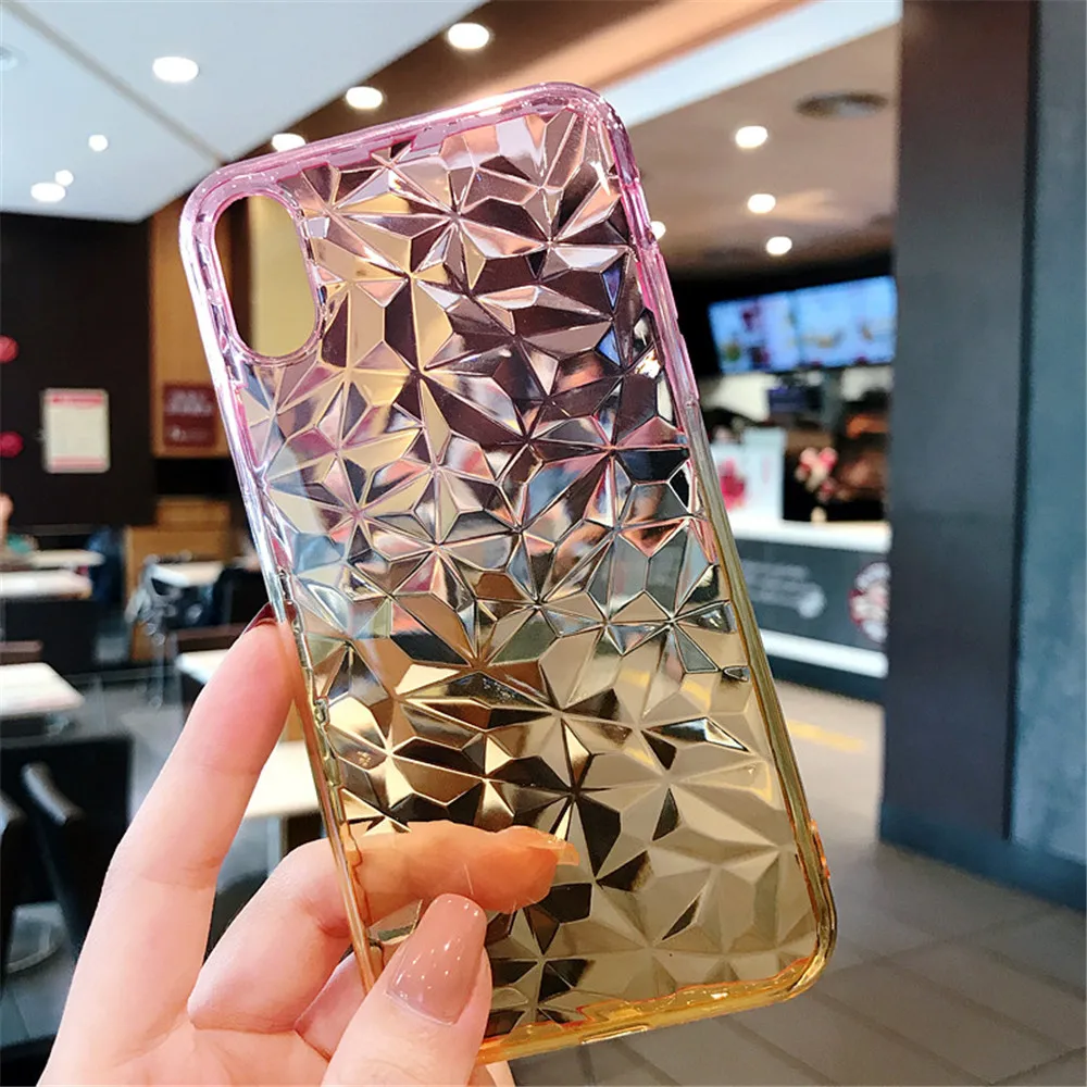 Gradient Color Chic 3D Crystal Diamond Phone Cases For OPPO R11s Plus Transparent Lingge Covers R15 R15pro Soft |