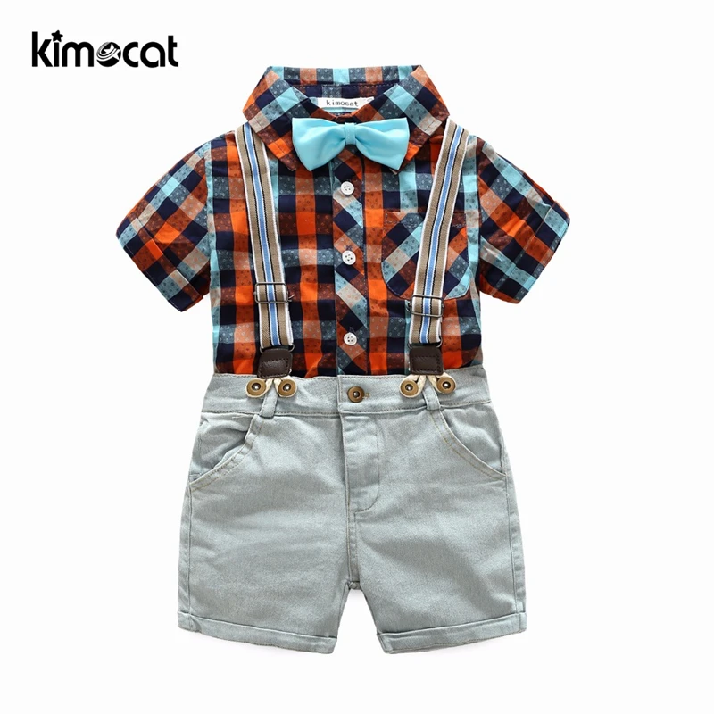

Kimocat Summer Baby Boy Clothes Shirt+Pants England Style Short sleeve plaid shirt denim cotton suit gentleman kids clothes