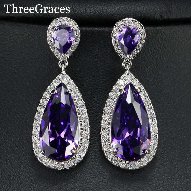 ThreeGraces Роскошные красные капли воды CZ Diamante серебро цвет длинные висячие серьги Вечеринка ювелирные изделия для женщин ER304 - Окраска металла: purple