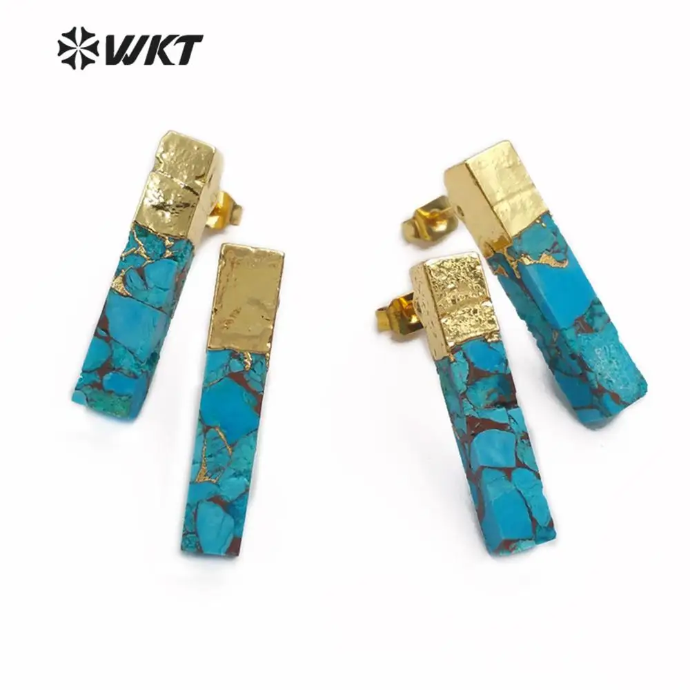 WT-E548 Natural Blue Vein Green Stone Earring Rectangle Shape Gem-stones Earring Gold Capped Stud Earring Jewelry