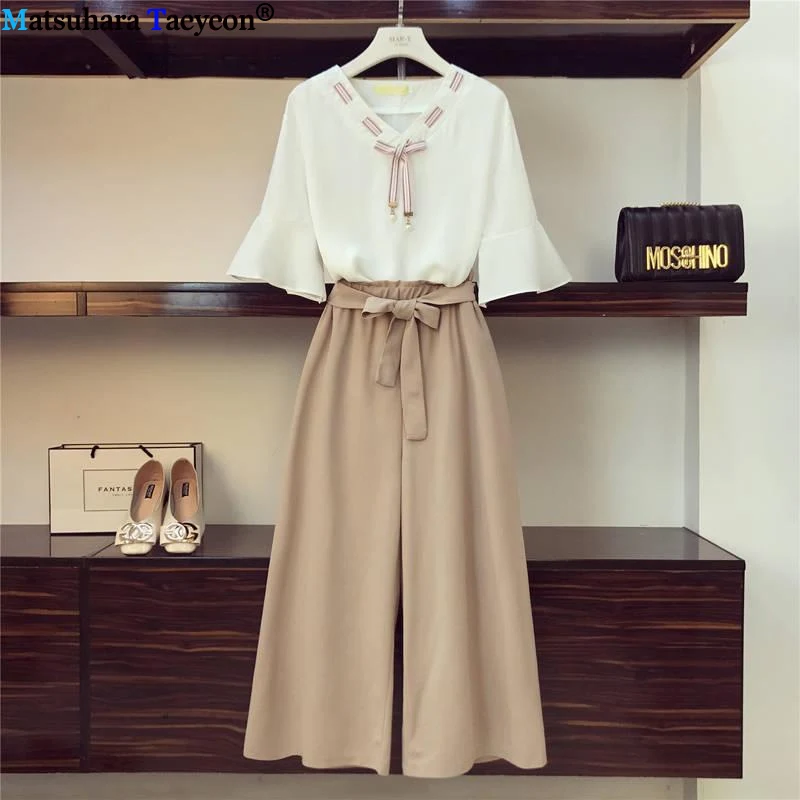 

2019 Wide Leg Pants Summer Set New Fashion Chiffon Suit Two Piece Set Women O-Neck Chiffon Flare Blouse And Pant Suits Sets
