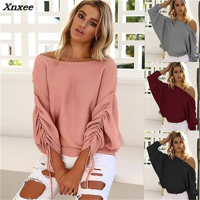 Женский Повседневный вязаный свитер свободный с открытыми плечами и длинным