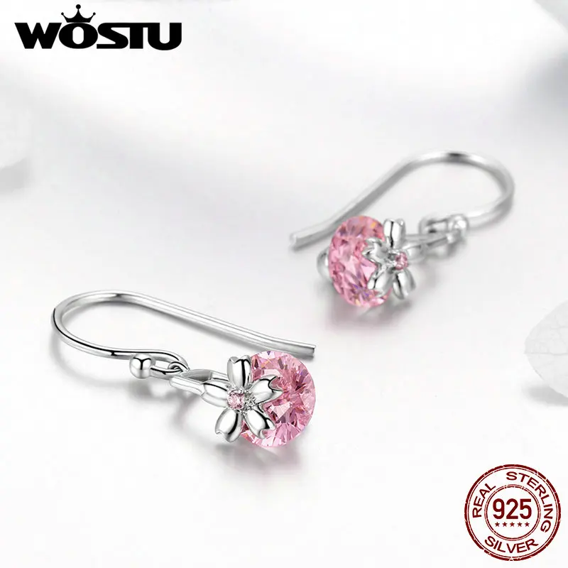 WOSTU, Розовый Цветок сакуры, циркониевые Висячие серьги, 925 пробы, серебряные серьги для женщин, свадебные ювелирные изделия в европейском стиле FNE039