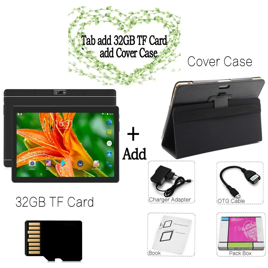 Add Cover 32GB TF Планшет, 10,1 дюймов, LTE, 4G, планшеты с телефонными звонками, четыре ядра, Android 7,0, планшетный ПК, 4G+ 64G, WiFi, gps, Bluetooth, две sim-карты, ips экран, 7, 8, 10 - Комплект: Add Cover 32GB TF