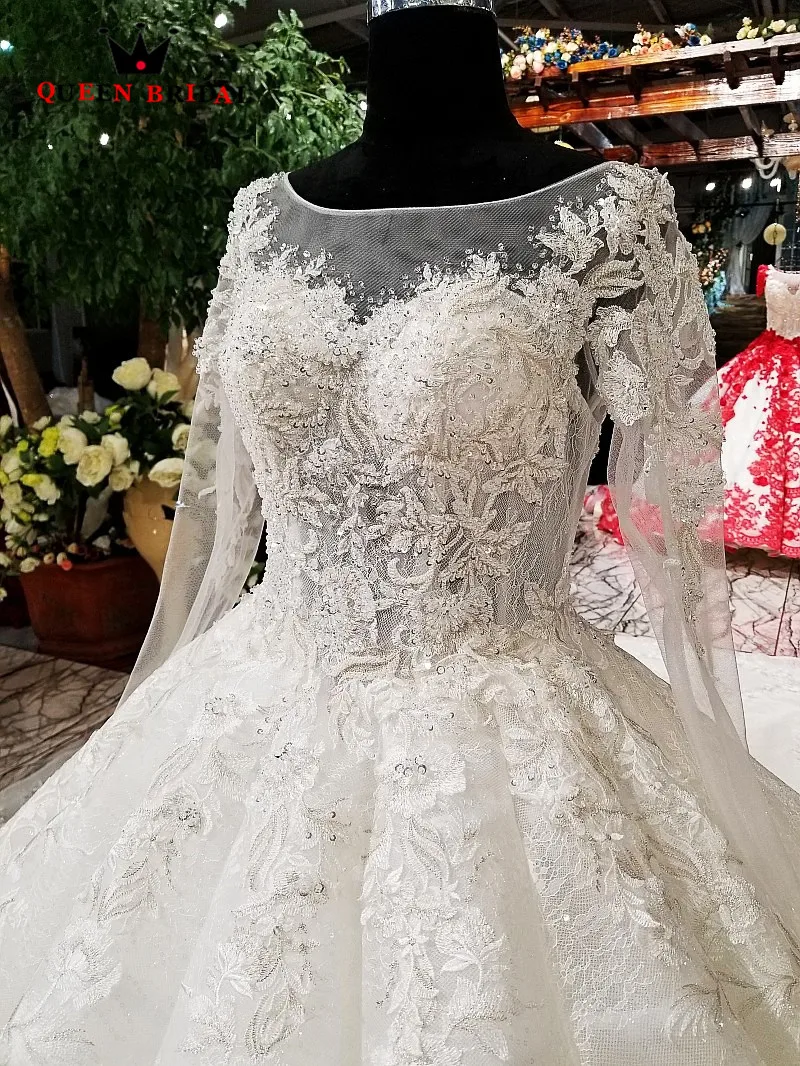 Real Sample Ball Gown Full Sleeves Appliques Lace vestido de noiva QUEEN BRIDAL Elegant Wedding Dresses robe de mariee WD111