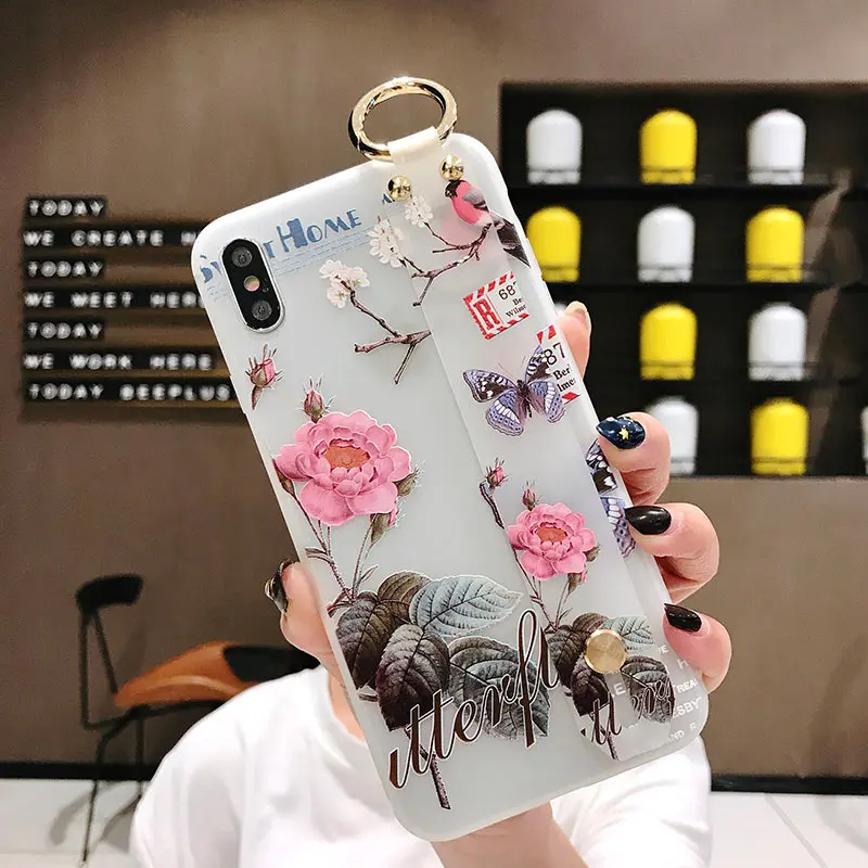 Pattern 5 Силиконовый чехол с цветами для iPhone XS Max XR X 10 браслет-держатель 3D рельефный чехол с рисунком для iPhone 6 S 6 S 8 7 Plus чехол для телефона - Цвет: Pattern 5