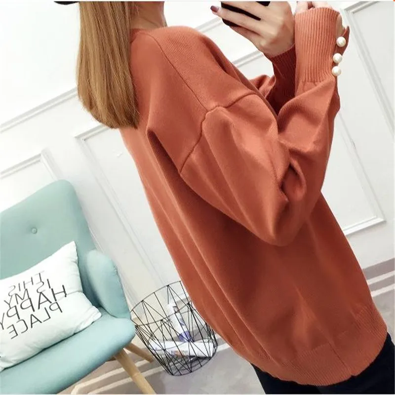 2018 Autumn and winter sweater women's solid color knitted long-sleeved shirt V-neck loose large size women jacket A1049 | Женская
