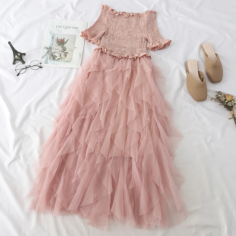 2019 Новая женская летняя одежда модное милое розовое белое Сетчатое платье