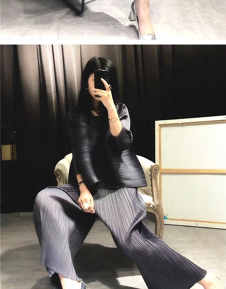 Changpleat свободные женские комплекты Miyak плиссированные модные однотонные свободные штаны и футболки из двух предметов женские костюмы плюс Размеры прилив