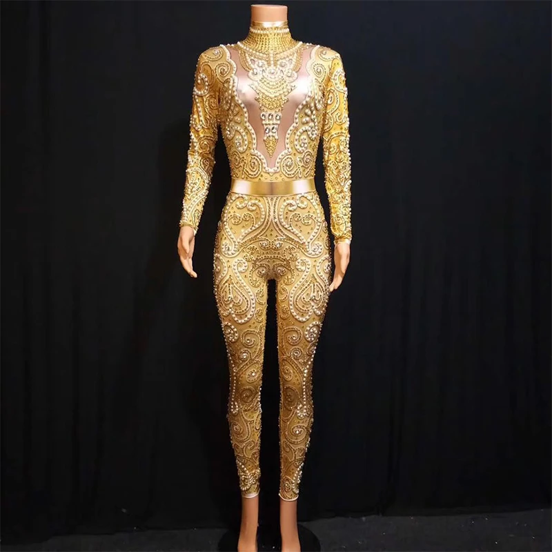 

Sparkly Gold Rhinestones Pearls Jumpsuit Jazz Bar Bodysuit Women Singer Clothes Birthday Celebrate Outfit Party Rompers DJ1010