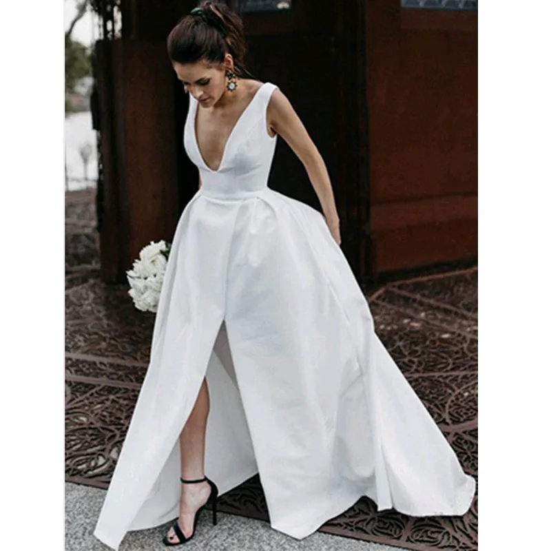 

2020 New Arrival V Neck Simple Satin Wedding Dress with Slit Bridal Dresses Custom Made