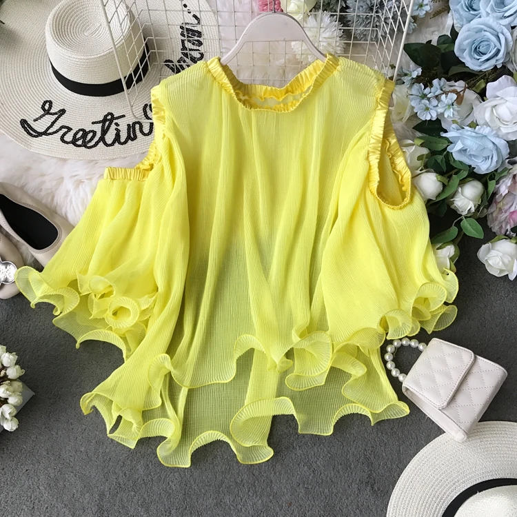ALPHALMODA новые винтажные шифоновые блузки с открытыми плечами с расклешенными рукавами Женские однотонные свободные полупрозрачные элегантные блузки рубашка