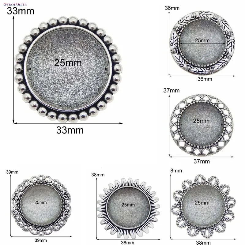 

GraceAngie Fit 25mm Glass Antiqued Silver Brooch Bezel Set Round Flower Cabochon Brooch Pin Women DIY Accessory Party Wedding