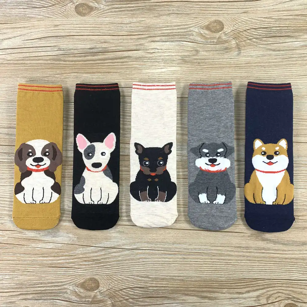 5 pairs of socks Женские носки; модные носки из чесаного хлопка с рисунком; забавные носки с изображением котенка и щенка - Цвет: 5 pairs of socks