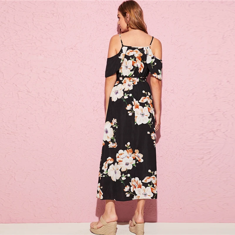 SHEIN, v-образный вырез, цветочный принт, с поясом, с разрезом, до бедра, с запахом, спереди, праздничное платье, женское, летнее, бохо, Пляжное, ТРАПЕЦИЕВИДНОЕ, с высокой талией, длинное платье