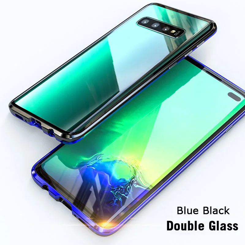 Double Blue Black Двухместный Закаленное Стекло S10plus чехол для samsung Galaxy S10 S8 S9 плюс S10E примечание 9 8 магнитных металлический каркас адсорбции крышка - Цвет: Double Blue Black