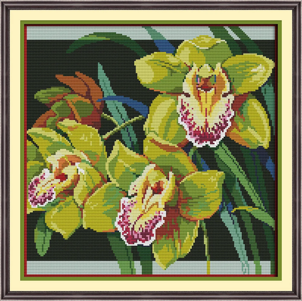 

Needlework,11/14ct DIY Cross stitch,Set For full embroidery kit,black yellow orchid flower printed pattern cross-stitch gift