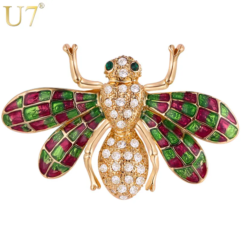 U7 Красивый Зеленый Брошь Пчела с Камнями Новинки Броши На Шапку Женская